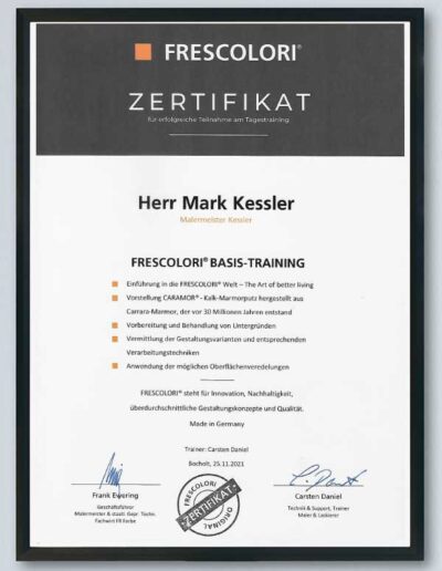 Frescolori Zertifikat von Mark Kessler