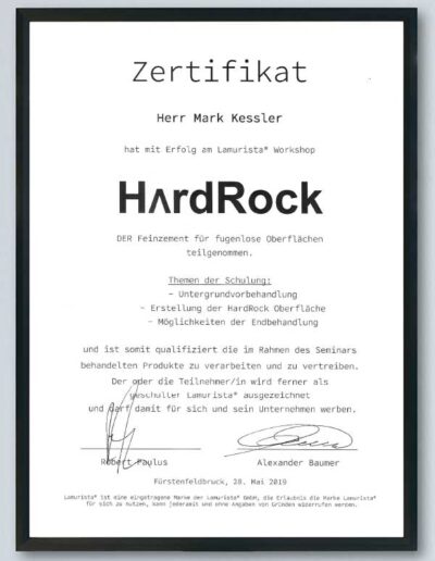 Zertifikat für den Workshop Hard Rock – fugenlose Oberflächen