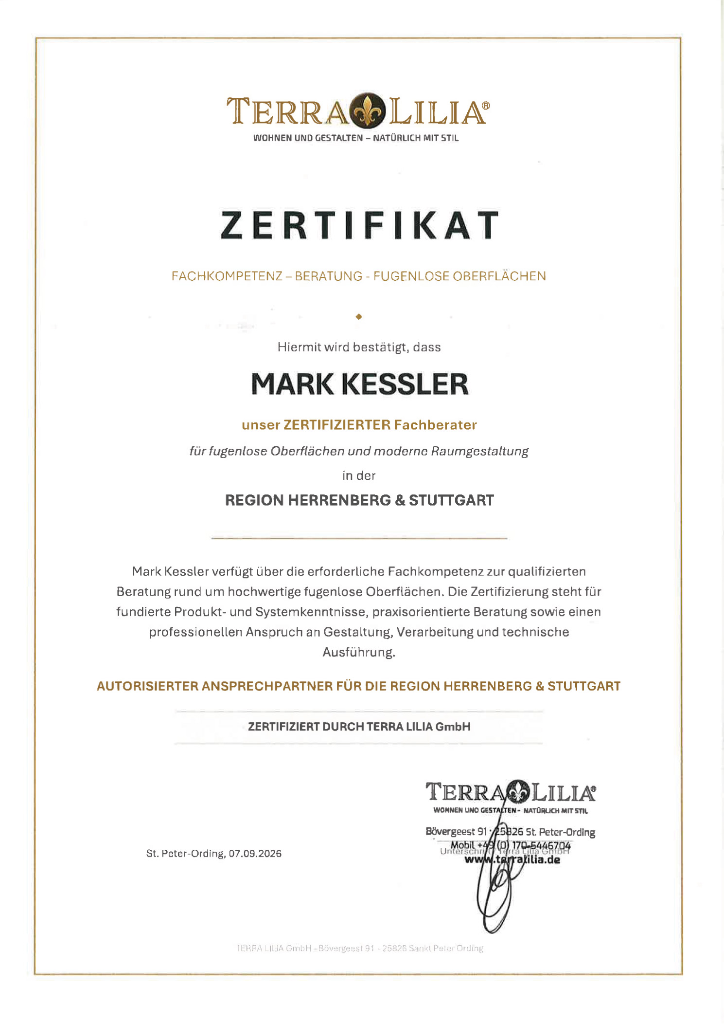 TERRA LILIA Zertifikat für Mark Kessler als Fachberater für fugenlose Oberflächen in Herrenberg und Stuttgart